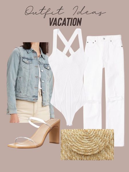 Outfit idea vacation denim jacket white jeans 24s clear heels straw clutch knit bodysuit Xs 

#LTKsalealert #LTKunder50 #LTKunder100