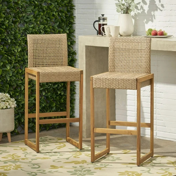 Noble House Charlotter Wicker Outdoor Barstools, Set of 2, Light Multi-Brown and Teak | Walmart (US)