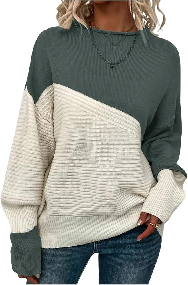 Women's Color Block Pullover Sweaters Crewneck Long Sleeve Jumper Tops Knitted Fall Outfits | Amazon (US)