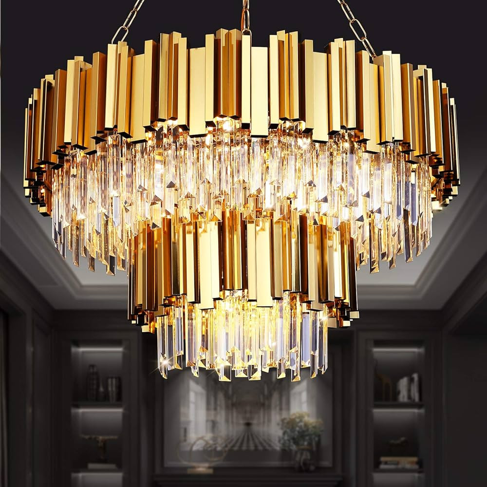 Modern Crystal Chandeliers, Gold Round Chandelier Light Fixture, 2-Tier Raindrop Chandelier Pool ... | Amazon (US)