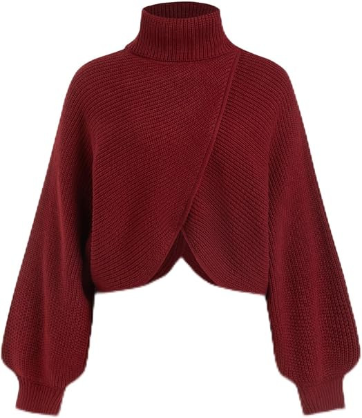 CIDER Cropped Sweaters for Women Wrap Lantern Sleeve Turtleneck Sweater | Amazon (US)