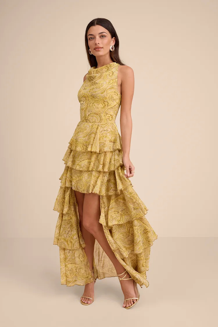 Cayson Yellow Paisley Tiered High-Low Maxi Dress | Lulus