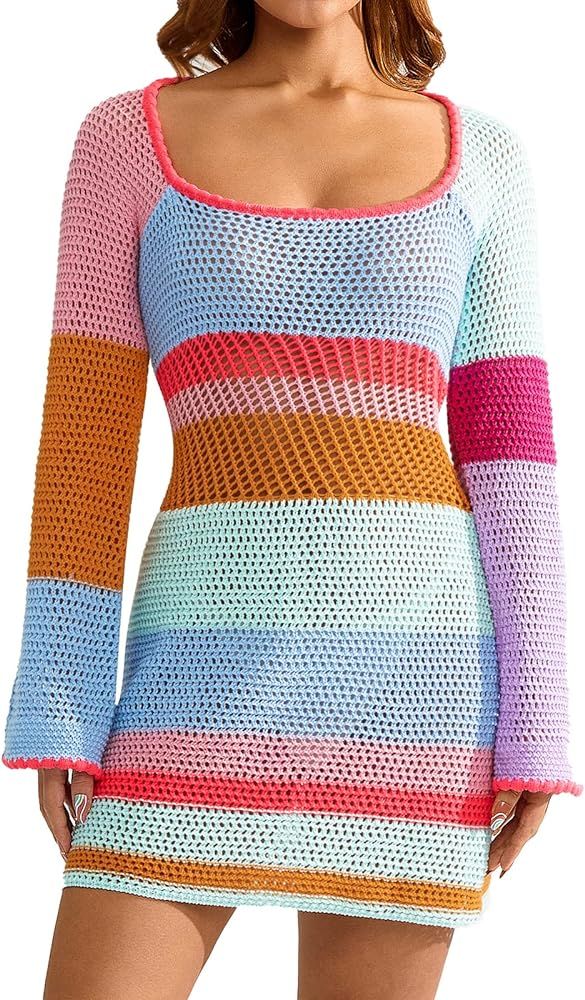Women Vintage Crochet Knitted Mini Dress Long Sleeve Square Neck Colorful Mesh Cover Ups Dresses ... | Amazon (US)