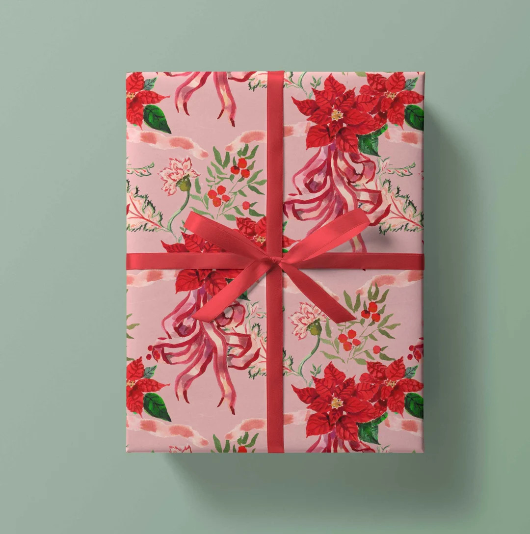 Wrapping Paper: Poinsettia on Pink gift Wrap Birthday - Etsy | Etsy (US)