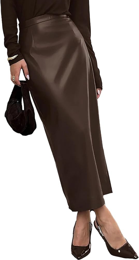 Sexyshine Women's Faux Leather Skirts High Waist A Line Bodycon Slit PU Leather Winter Fall Maxi ... | Amazon (US)