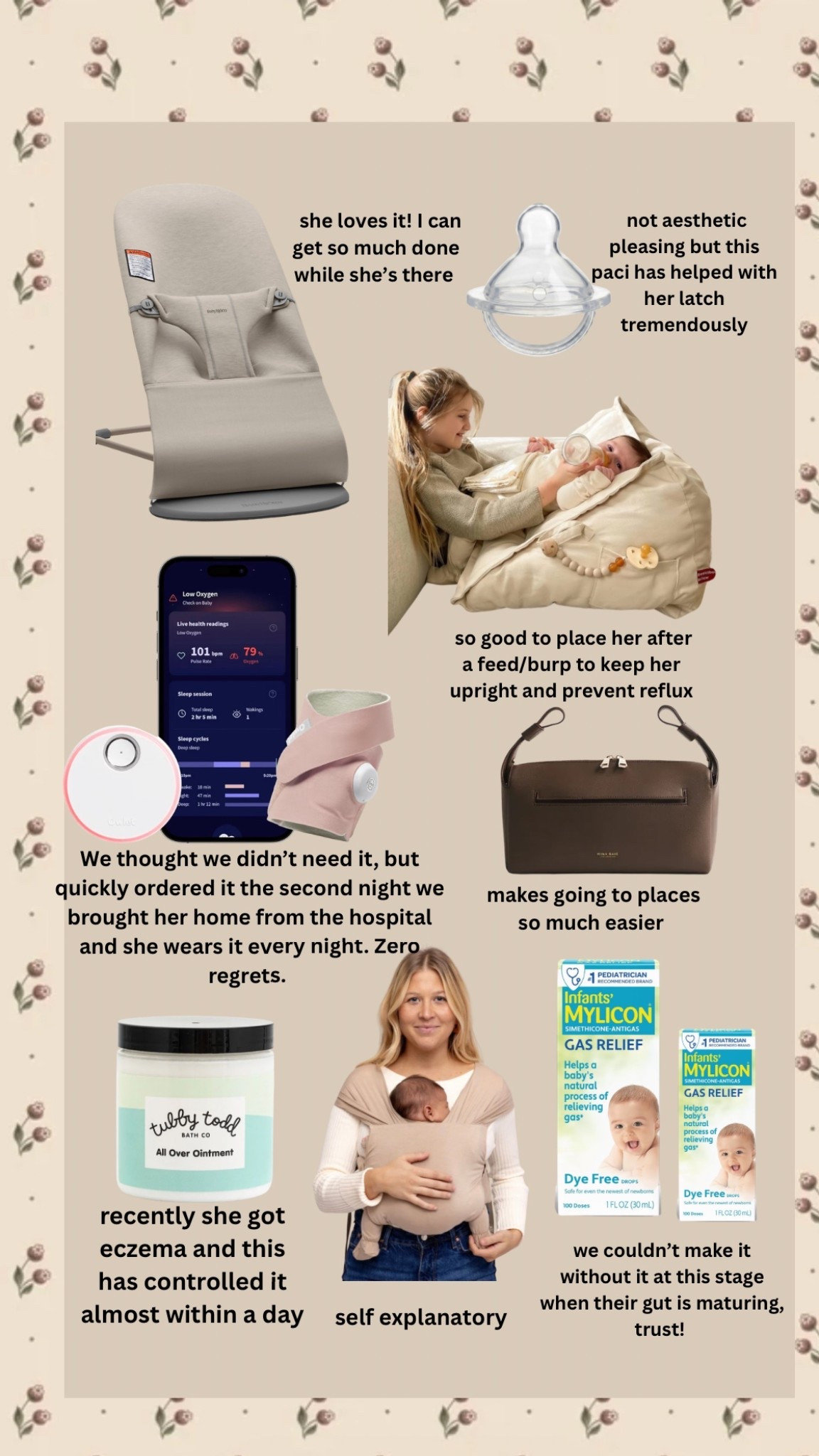 some baby favorites! Couldn’t link these here but find them as The Pacii, Peekaboo Pillow, Minabaie diaper caddy