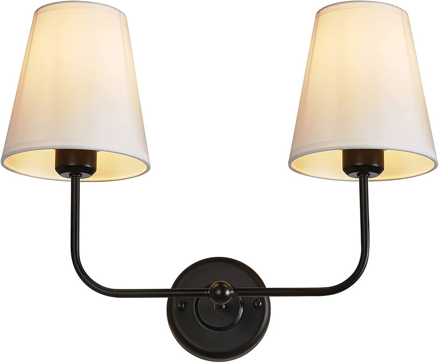 TERLEENART Double Light Wall Sconce with White Fabric Tapered Shades, 2-Light Black Sconce for Ba... | Amazon (US)