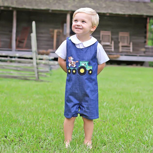 Tractor Applique Chambray Jon Jon | Classic Whimsy