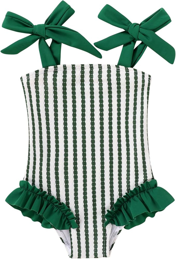 Toddler Swimsuit Girl Solid Color Stripe One-Piece Baby Bathing Suits | Amazon (US)