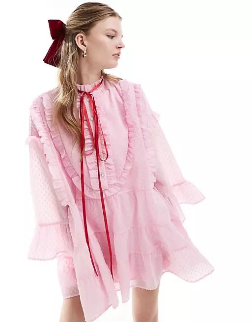 Sister Jane contrast bow tie ruffled shirt mini dress in pink | ASOS | ASOS (Global)