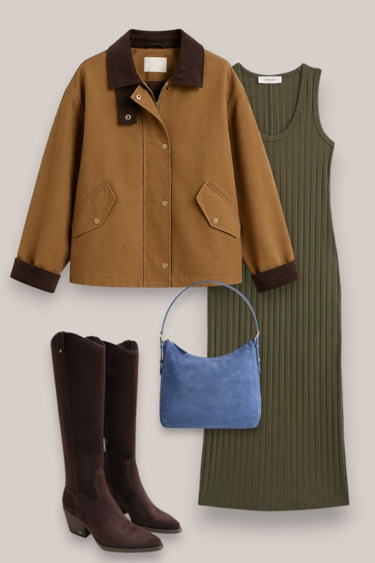 Barn jacket, but make it dressy 🤎 An olive midi dress with a brown barn jacket and tall boots is such a gorgeous fall combination. The blue suede bag adds the perfect little pop of color.

#barnjacket #falldress #falloutfit #tallboots #fallfashion

#LTKautumn #LTKdatenight #LTKstyletip