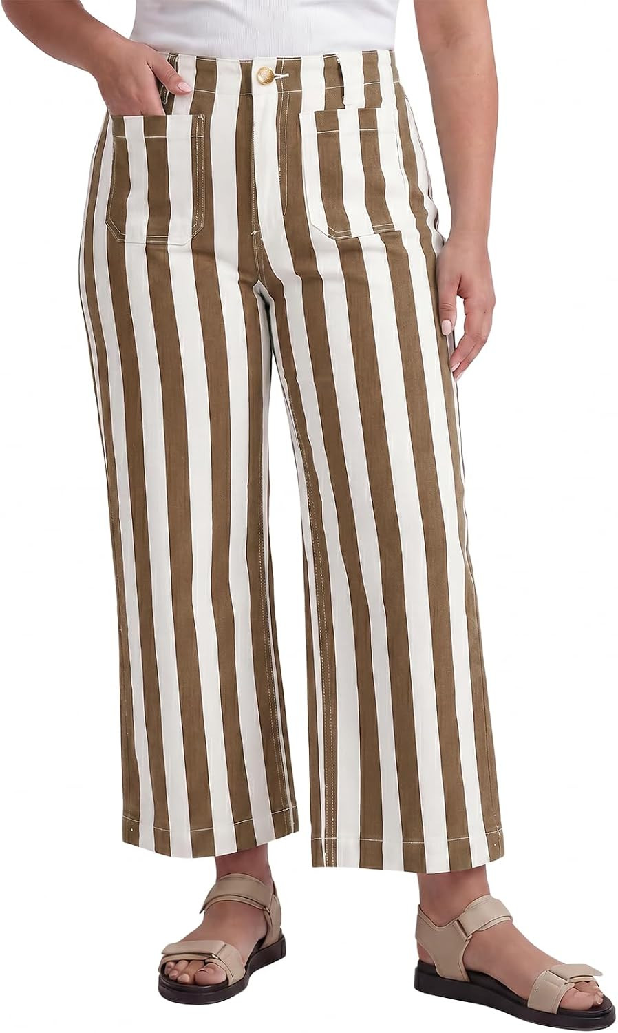 Beautife Womens Plus Size Wide Leg Jeans Striped Cropped Denim Pants | Amazon (US)
