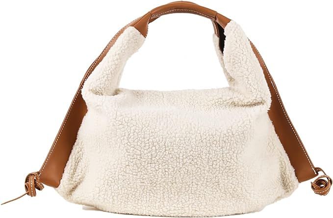 Genuine Leather Splicing Plush Top-Handle Bags,Women Handbag Tote Bag,Large Capacity+Zipper | Amazon (US)