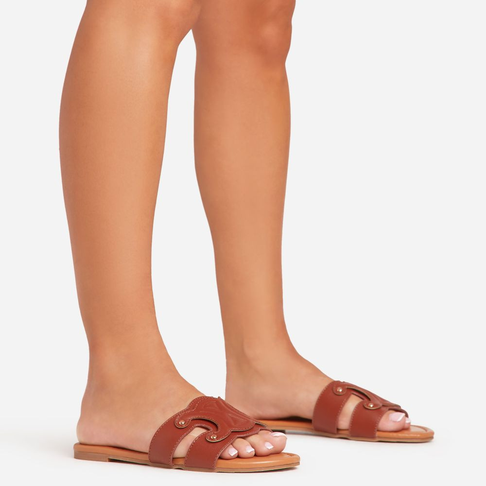 Wifey Cut Out Stud Detail Flat Slider Sandal In Tan Brown Faux Leather | EGO (UK)