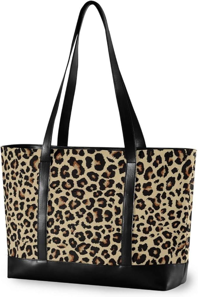 Cheetah Leopard Laptop Tote Bag,Fits 15.6 Inch Laptop,Womens Lightweight Canvas Leather Tote Bag ... | Amazon (US)