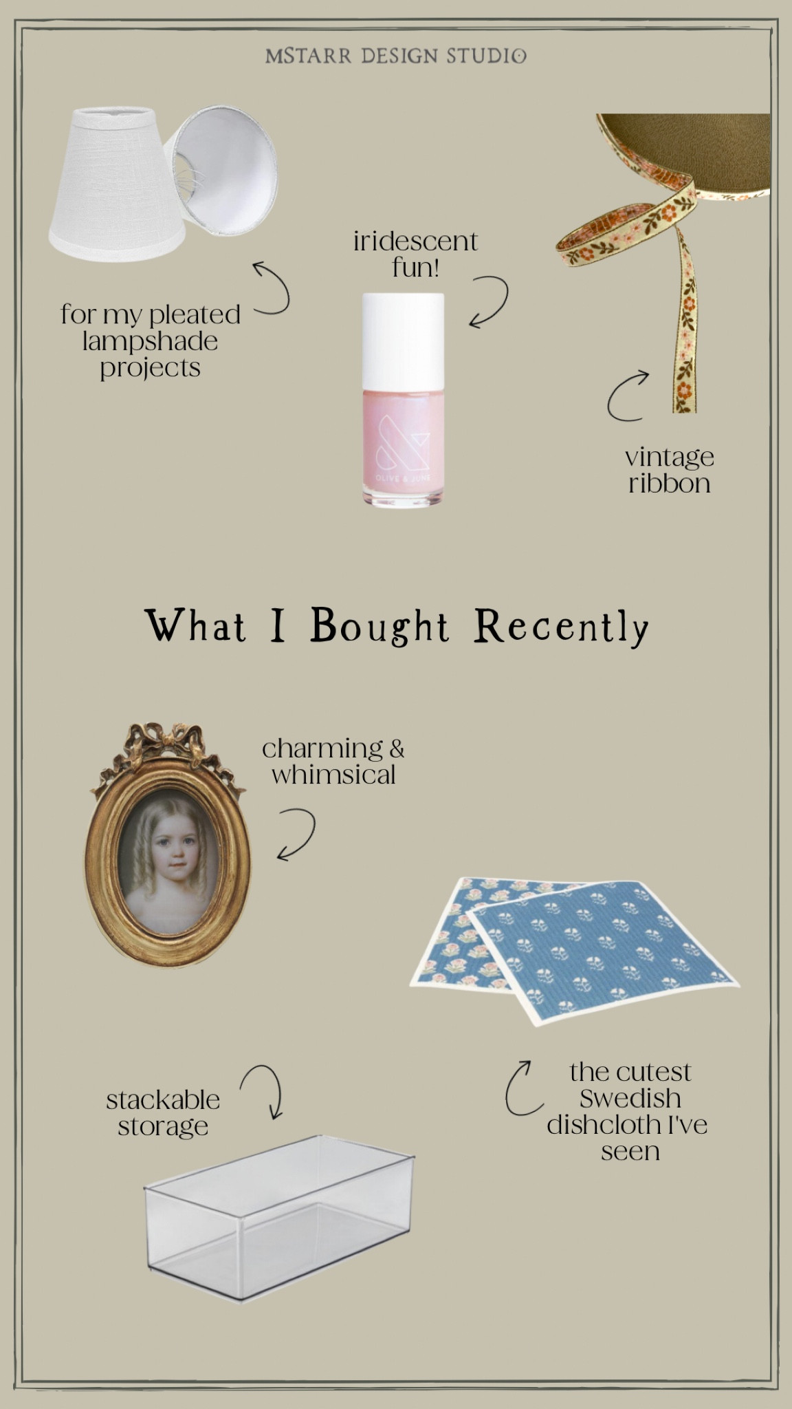 What I bought recently. 

Recent finds, Target, Olive & June, Amazon, Etsy, vintage, antique, ribbon, home decor, picture frame, nail polish, clear storage, stackable storage, organization, lamp shades

#LTKhome #LTKunder50 #LTKFind