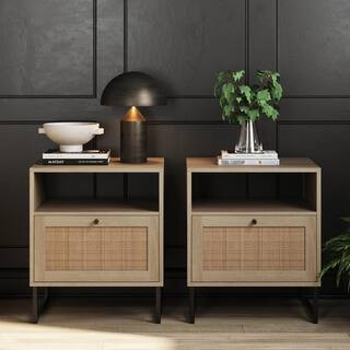 Nathan James Mina Oak-Finish Particleboard Wood Black Modern Accent Storage Living Room Side End ... | The Home Depot