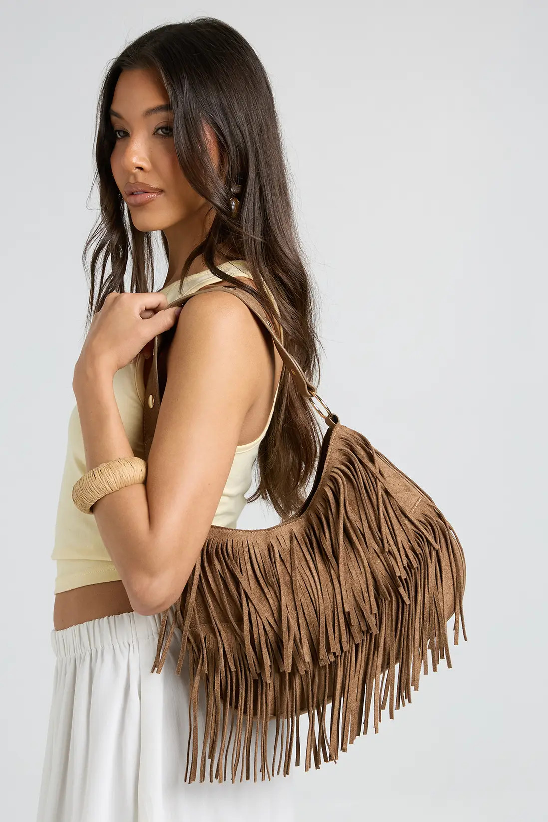 Taupe Faux Suede Tassel Detail Shoulder Bag | Boohoo USA | boohoo (US & Canada)