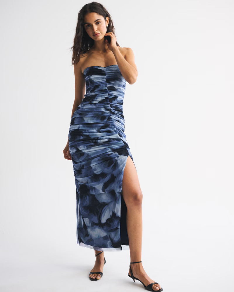Strapless Ruched Mesh Maxi Dress | Abercrombie & Fitch (US)