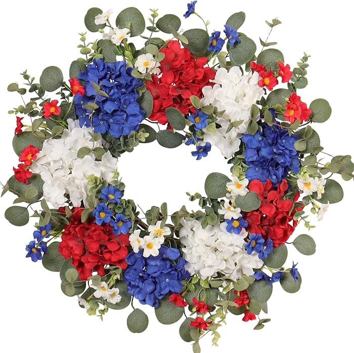 22 Inch Patriotic Hydrangea Wreath for Front Door Decor, UV Resistant Red White and Blue Artifici... | Amazon (US)