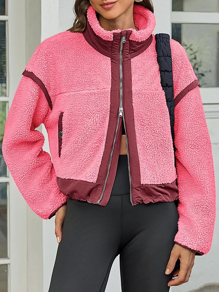 Tankaneo Womens Cropped Zip Up Fleece Jacket Stand Collar Fuzzy Sherpa Coat Winter Color Block Te... | Amazon (US)