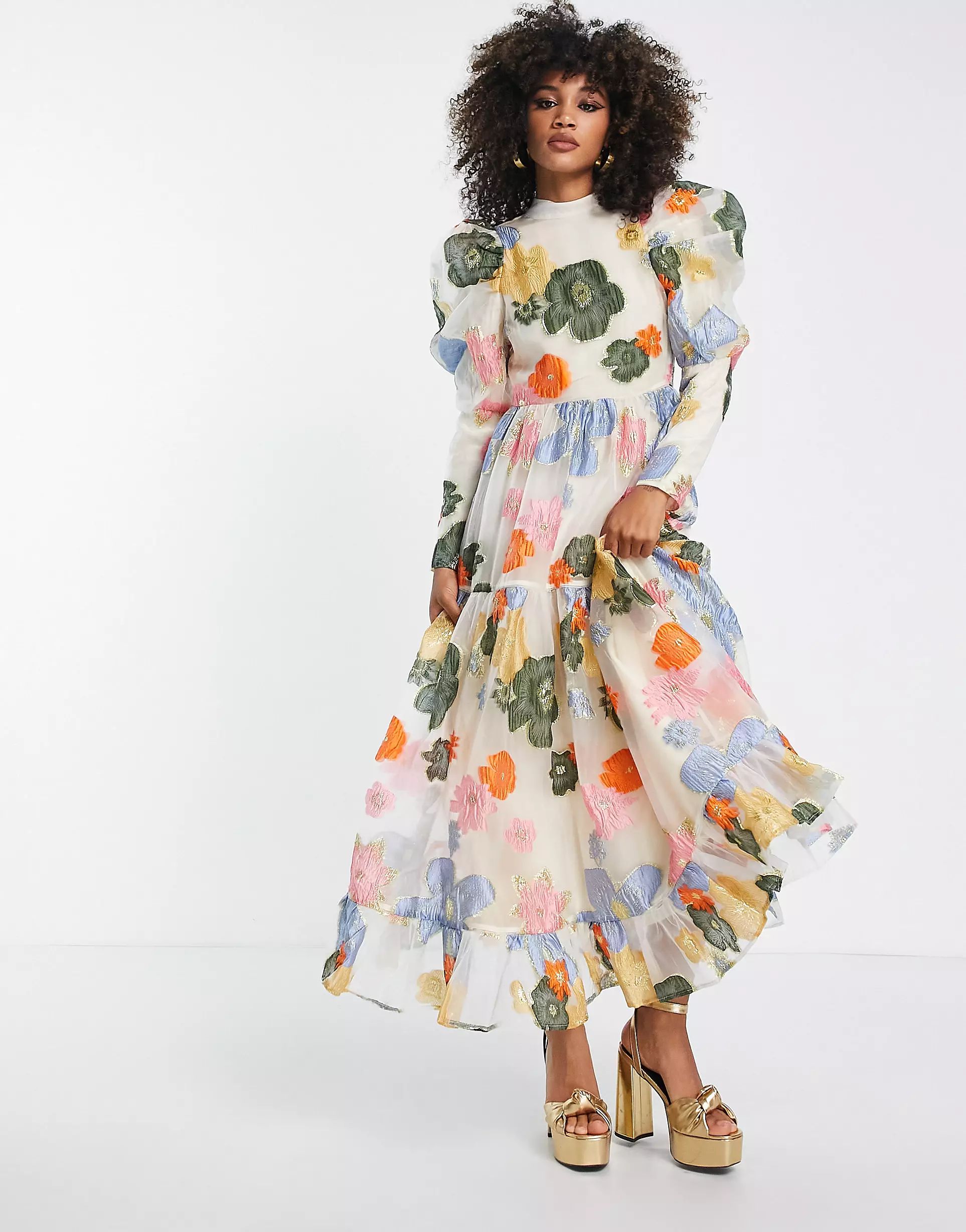 Dream Sister Jane puff sleeve maxi dress in rainbow floral jacquard | ASOS (Global)