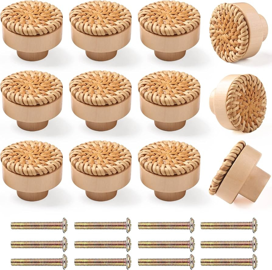 SBHOKWO 12 Pack Boho Rattan Dresser Knobs Handmade Wooden Drawer Knobs,Wood Drawer Pulls,with 12 ... | Amazon (US)