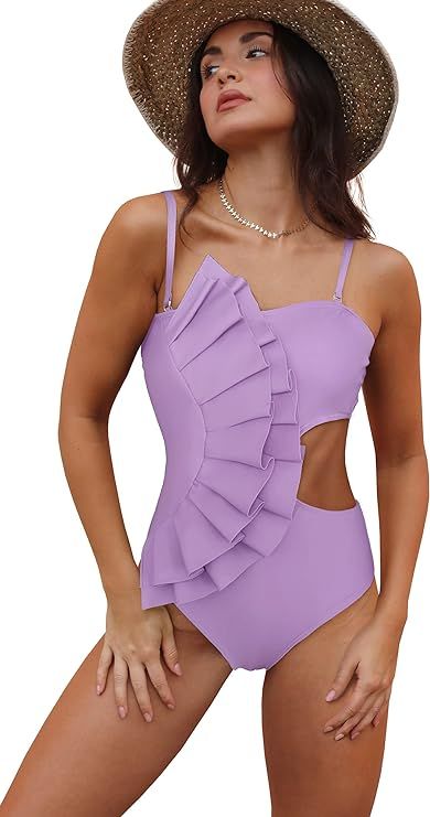 SPORLIKE Women One Piece Swimsuit Flounce Swimwear Hole Out Bathing Suit Padded Monokini | Amazon (US)