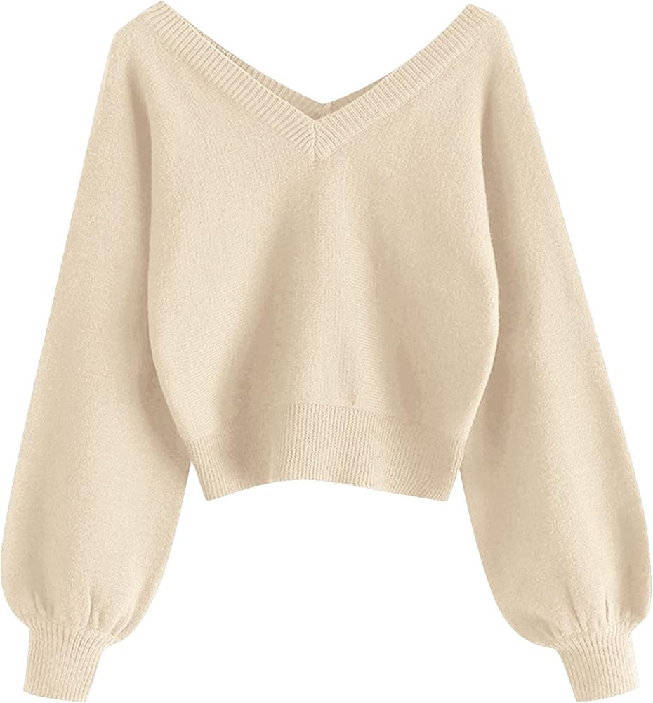 ZAFUL Women's Cropped Sweater V-Neck Long Sleeve Crop Sweater Pullover Jumper Knit Top | Amazon (US)