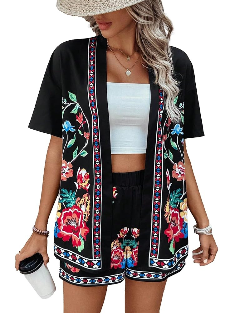 Women Boho Tropical Print Beach Cover Up Shorts Set 2 Piece Summer Lounge Outfit Lightweight Swim... | Amazon (US)