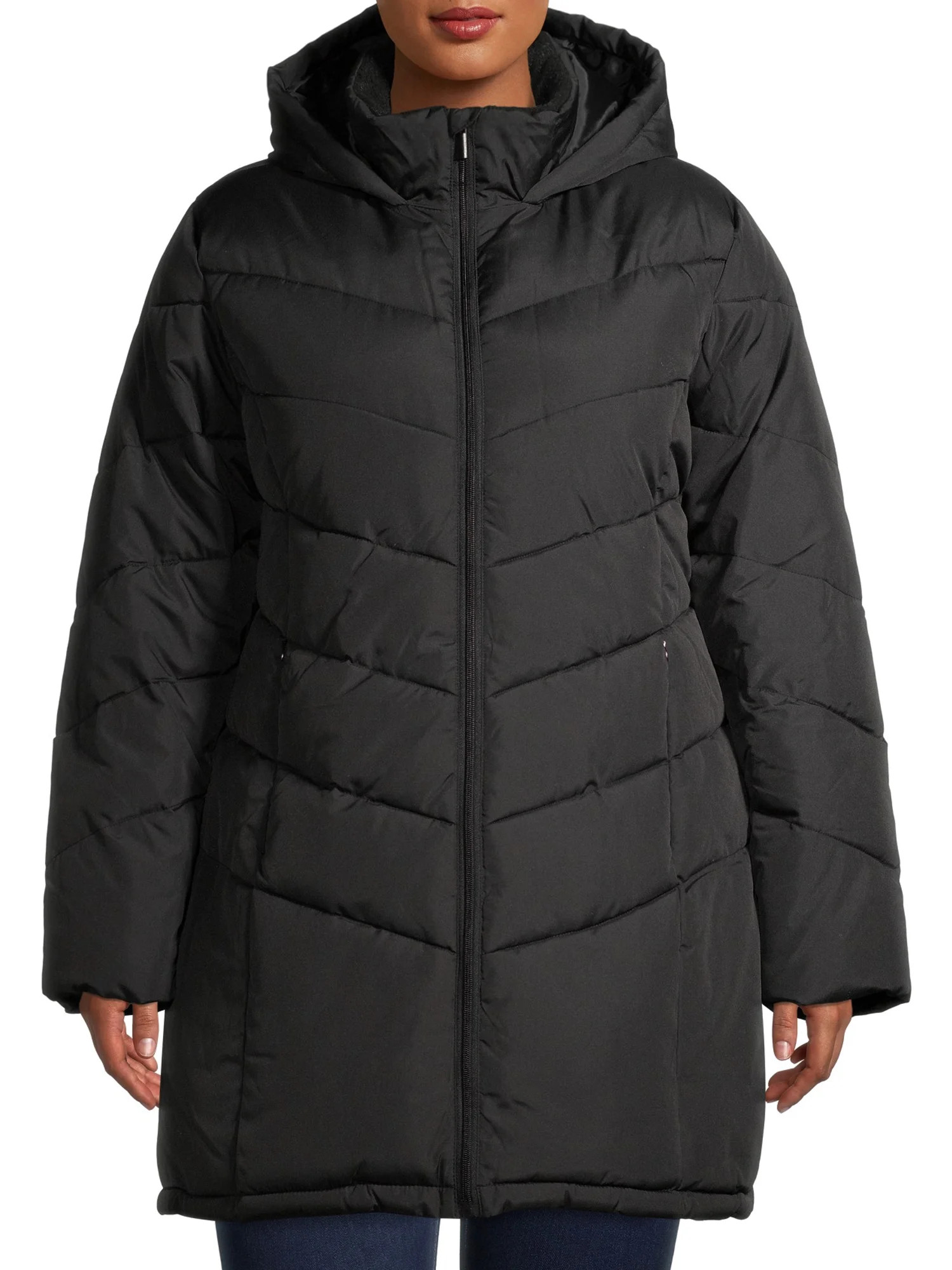 Big Chill Women's Plus Size Quilted Puffer Mid-Length Coat with Sherpa Hood - Walmart.com | Walmart (US)