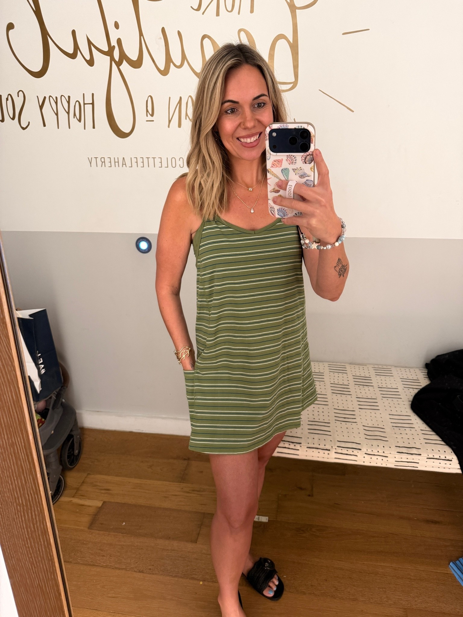 TTS and Wearing a small! This adorable active dress has built-in shorts with pockets and bra, and it was so soft and a stretchy Cotton material.￼￼ I loved many of the colors and now I am a proud owner of two of these cute Aerie dresses. 🙌🏼 @Aerie #aerie