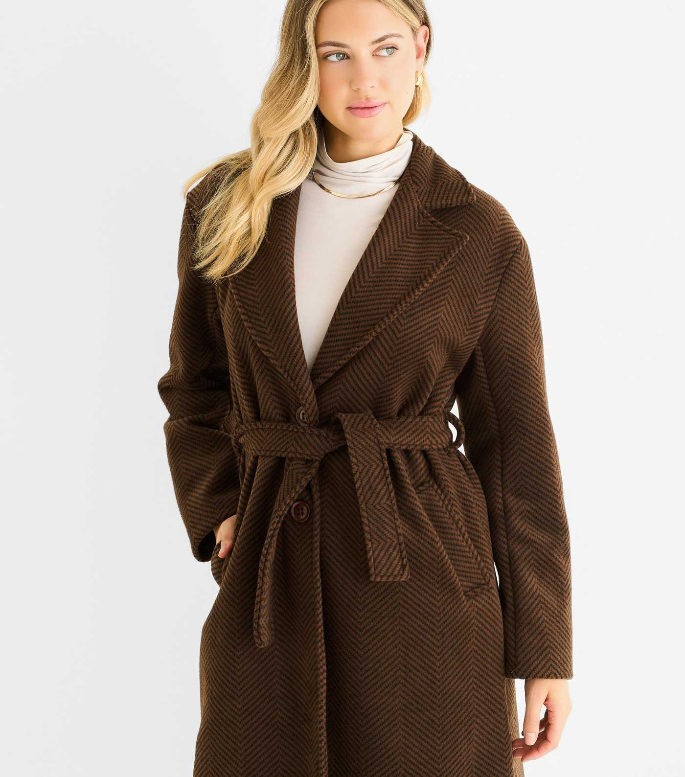 Gini London Brown Chevron Longline Jacket | New Look | New Look (UK)