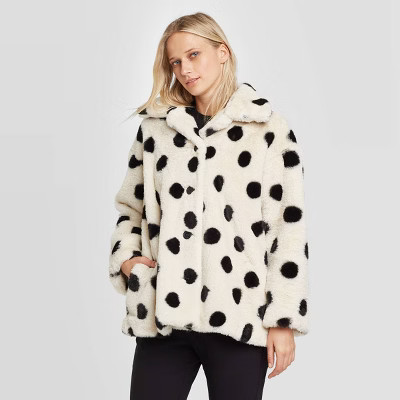 Women's Polka Dot Long Sleeve Swing Faux Fur Jacket - Who What Wear™ White/Black | Target