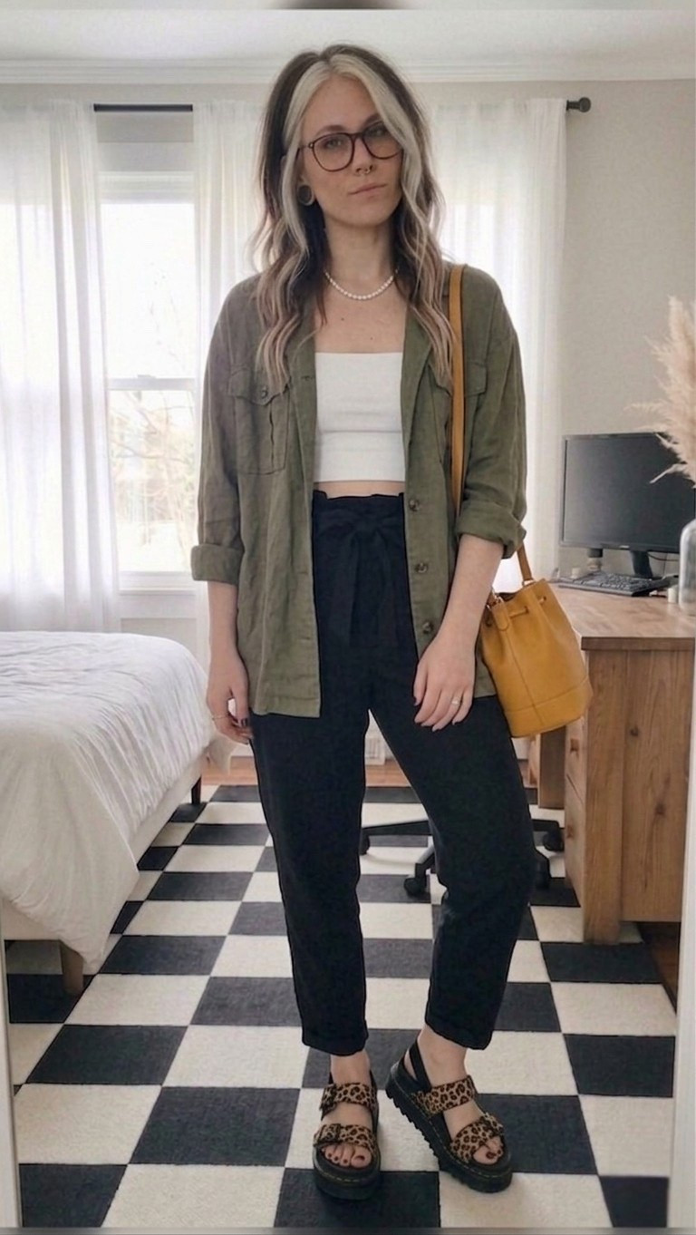 The perfect mix of "cool girl" and comfort. I’m living in these paper-bag waist trousers—they’re so flattering and easy to dress up or down. I paired them with a classic olive utility shirt and a pop of leopard print to keep things interesting. This mustard bucket bag is the "it" accessory for spring!

#LTKMidsize #LTKootd #LTKSeasonal
