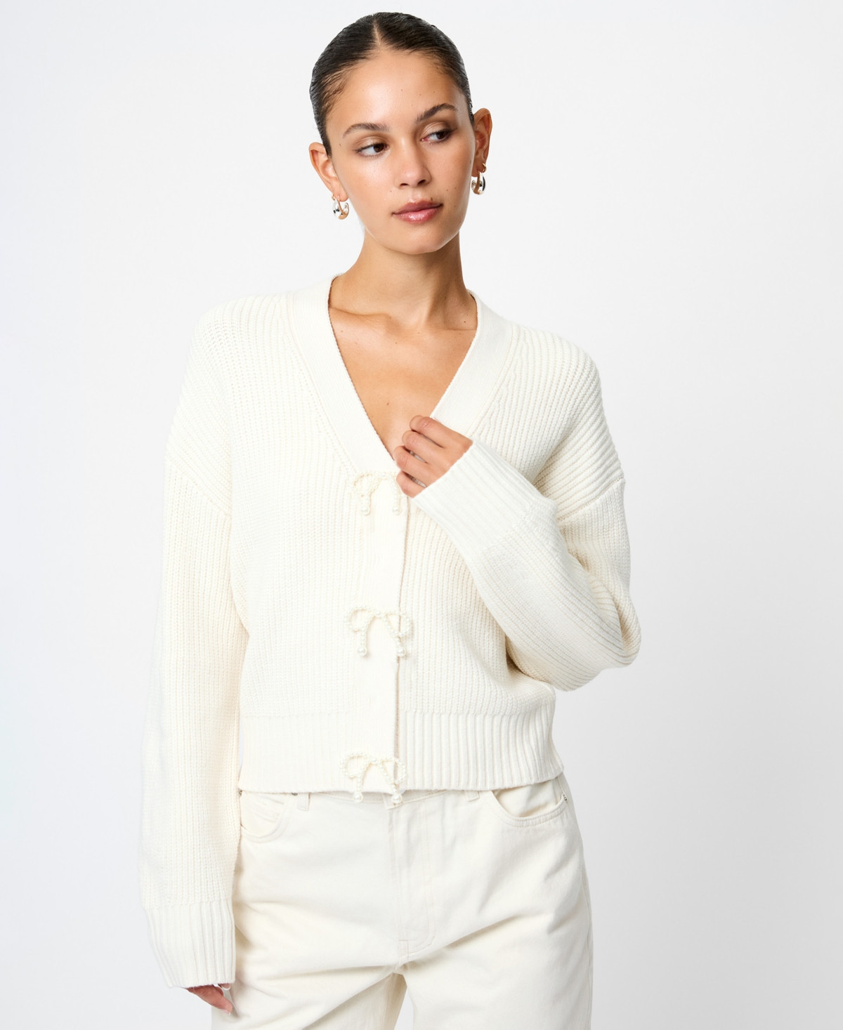 French Connection Women's Babysoft Knit V-Neck Embellished Bow Cardigan Sweater - Porcelain Cream | Macy's