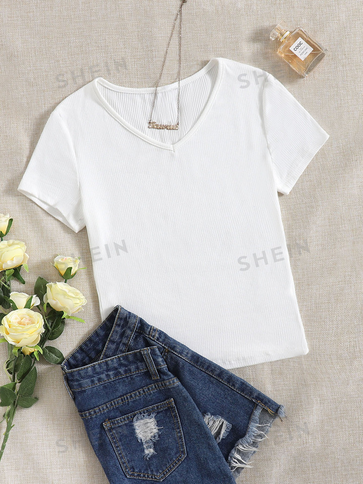 SHEIN EZwear V Neck Rib Knit Solid Tee | SHEIN