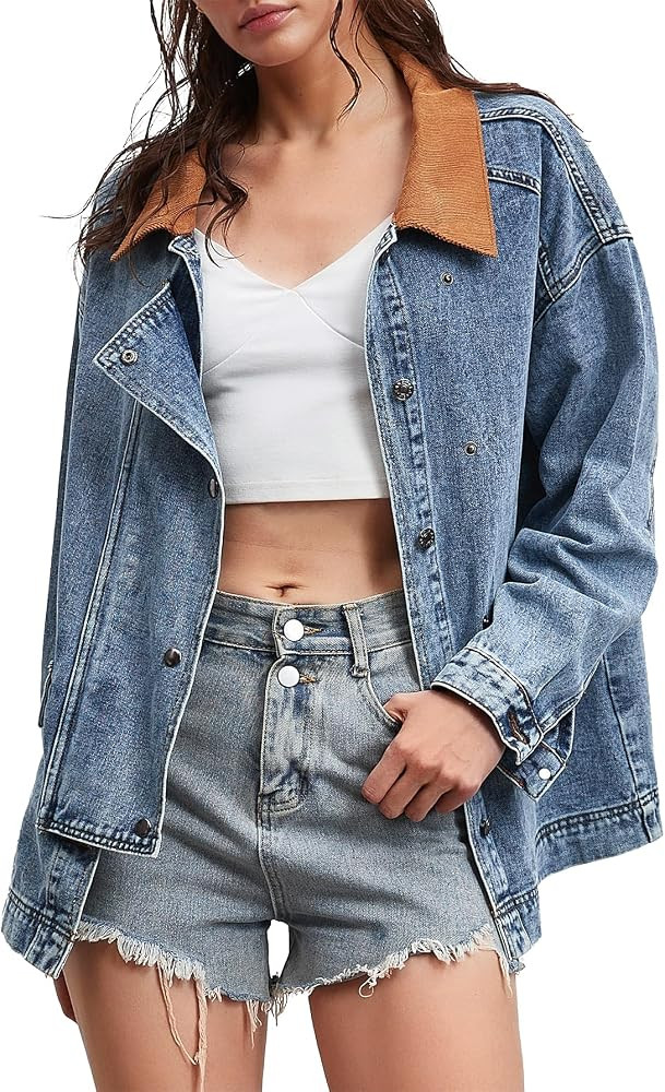 Kedera Women's Jean Jacket Oversized Striped Denim Jacket Long Sleeve Button Down Fashion Fall Sh... | Amazon (US)