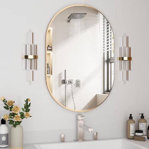 NEUWEABY Oval Bathroom Mirror Capsule Wall Vanity Mirror, 20"x30" Pill Mirrors Wall Mounted Mirror, Large Modern Mirror with Gold Metal Frame, Decor for Entryway, Bedroom, Living Room | Amazon (US)