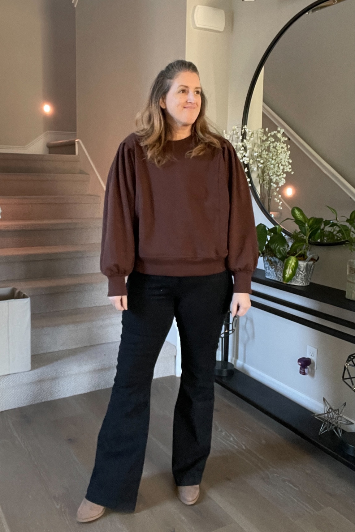 Fleece sweatshirt - size L could’ve done a M so if in-between, go down. 
Black Flare Jeans - size 14 run long IMO. I’m 5’6” for reference. 

#LTKfit #LTKcurves #LTKunder100