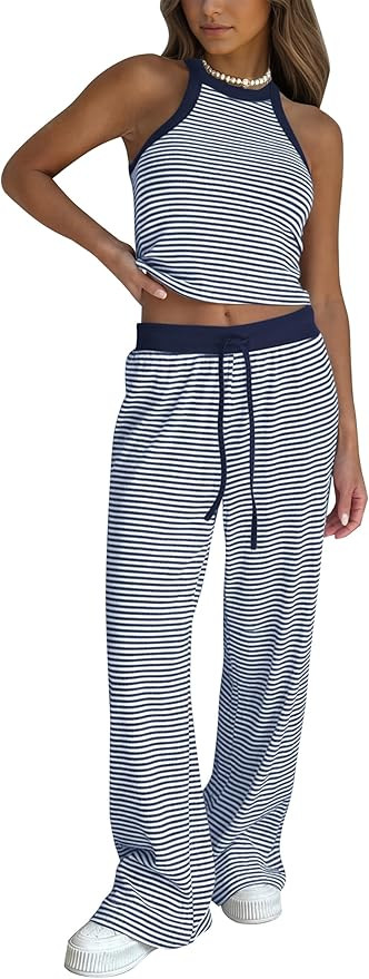 Meladyan Women's Summer 2 Piece Lounge Set Striped Tank Top Drawstring Wide Leg Pant Matching Set... | Amazon (US)