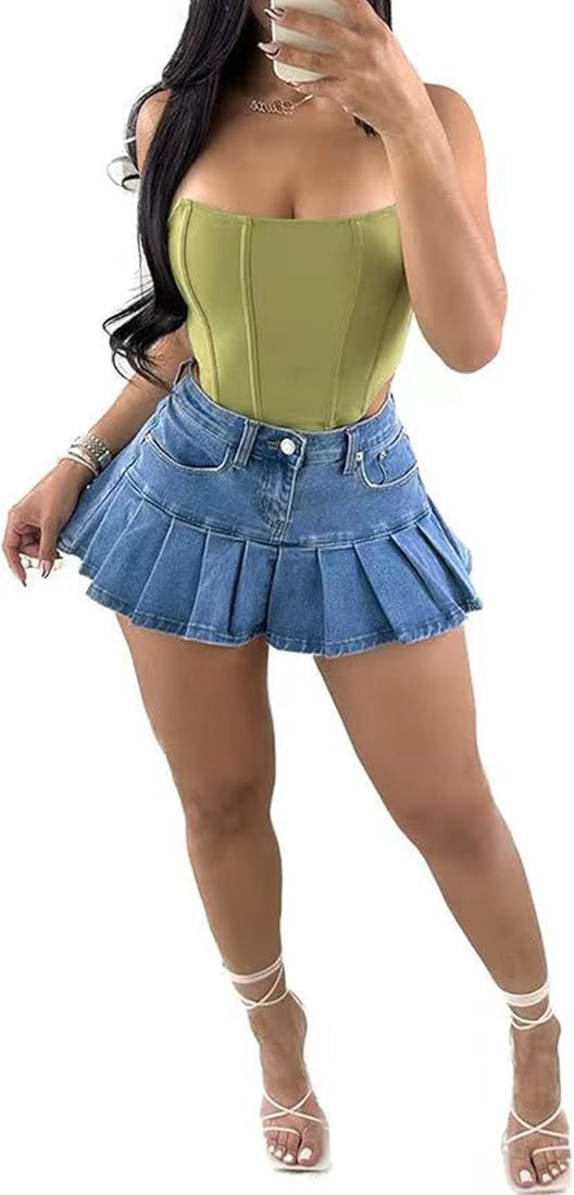 LETSVDO Denim Skirt Women Mini Pleated High Waisted Ruffle A Line Flare Jean Short Skirts | Amazon (US)