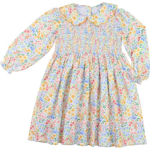 Smocked Multi-Colored Floral Corduroy Scalloped Collar Dress | Cecil and Lou