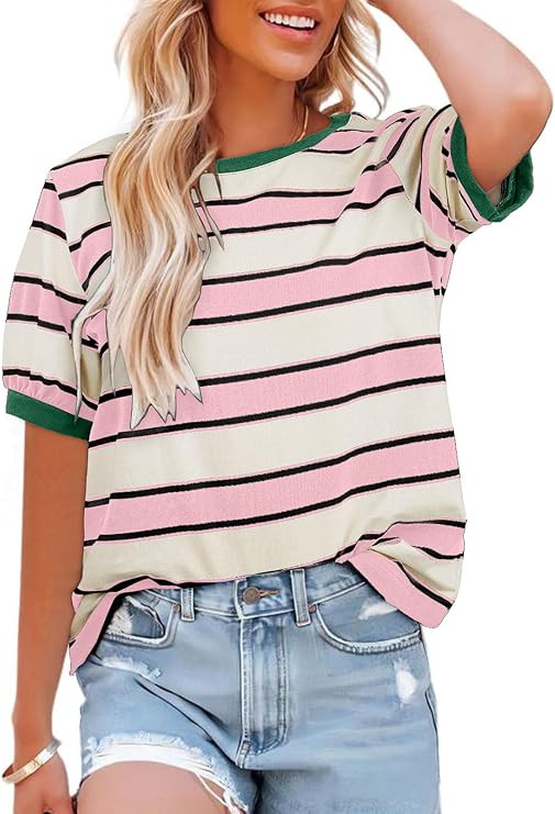 Dokotoo Womens Summer Tops 2026 Striped Color Block Short Sleeve Fashion T-Shirts Crewneck Casual... | Amazon (US)