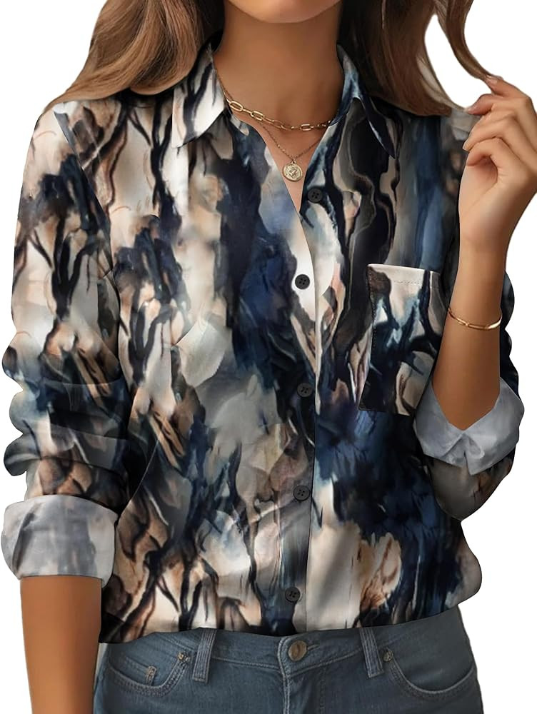 Zeagoo Womens Button Down Shirt Long Sleeve Blouse Business Work Tops Dressy Casual Floral Printe... | Amazon (US)