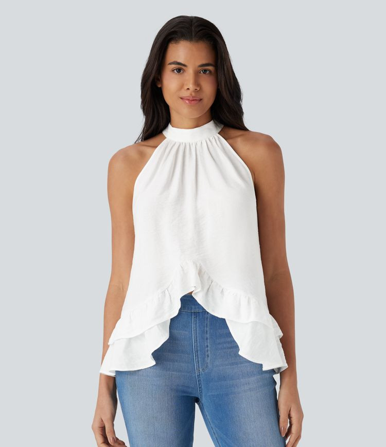 Women’s Mock Neck Sleeveless Asymmetric Ruffle Hem Casual Top - Halara | HALARA