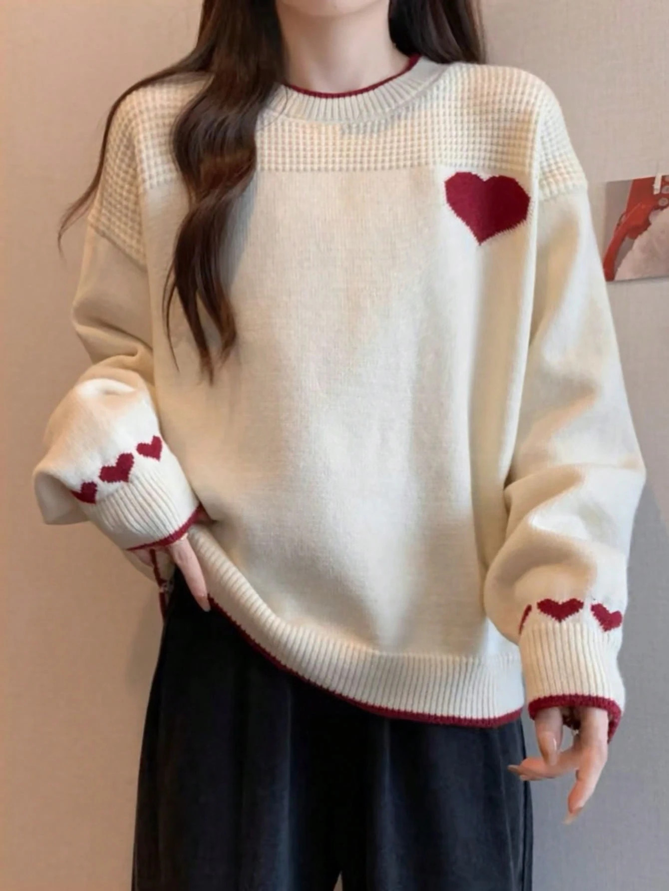 Crew Neck Loose Fitting Heart Design Contrast Color Sweater For Women, Fall/Winter, For Christmas... | SHEIN