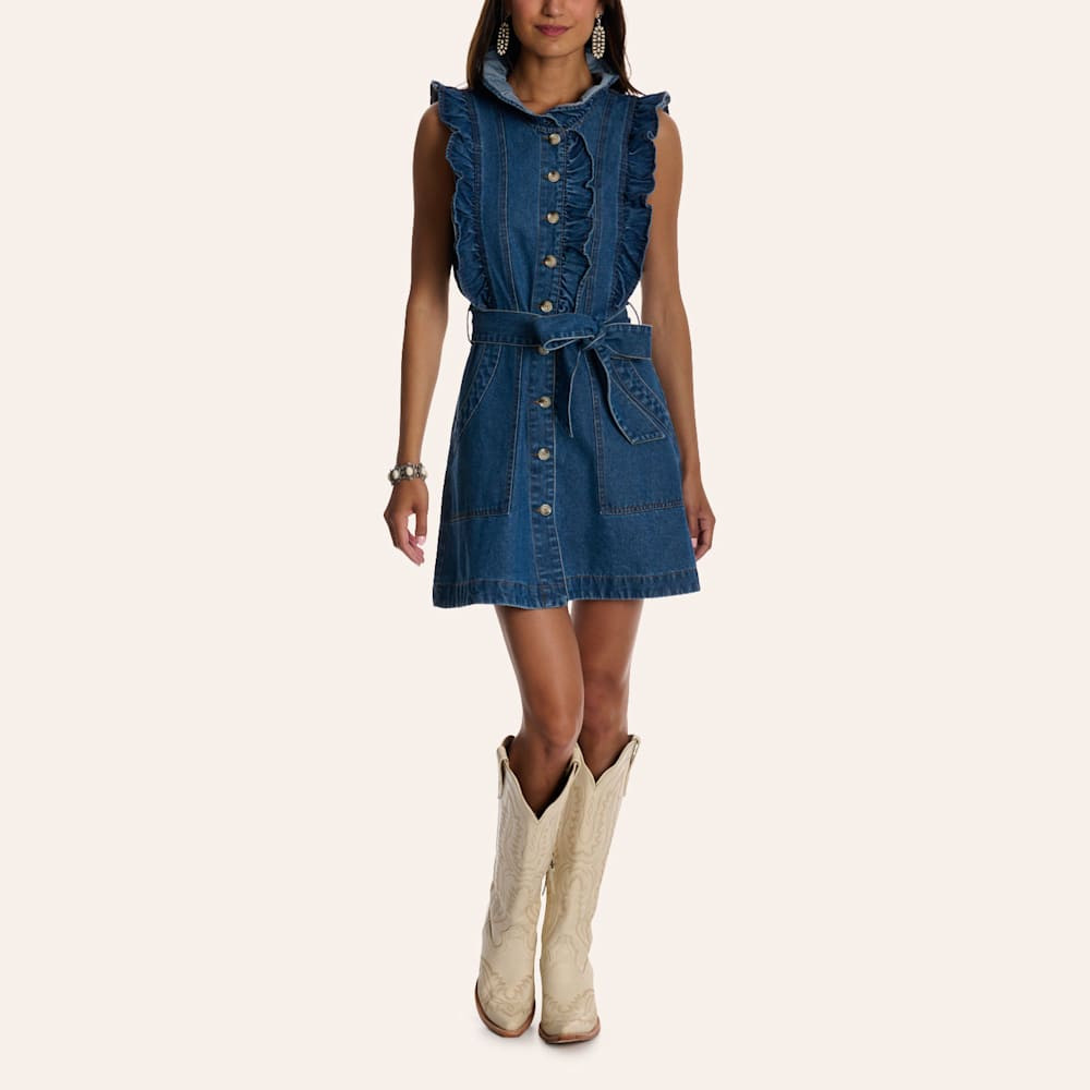 Camellia Women's Medium Wash Denim Ruffle Collar Flutter Sleeve Mini Dress | Cavender's