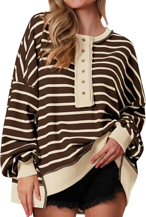 PRETTYGARDEN Womens Fall 2026 Striped Oversized Sweatshirt Long Sleeve Button Up Henley Neck Waff... | Amazon (US)
