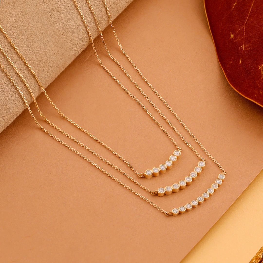 14k Solid Gold Diamond Bezel Bar Necklace, Dainty Curved Diamond Bar Necklace, Sparkly Solid Gold... | Etsy (US)